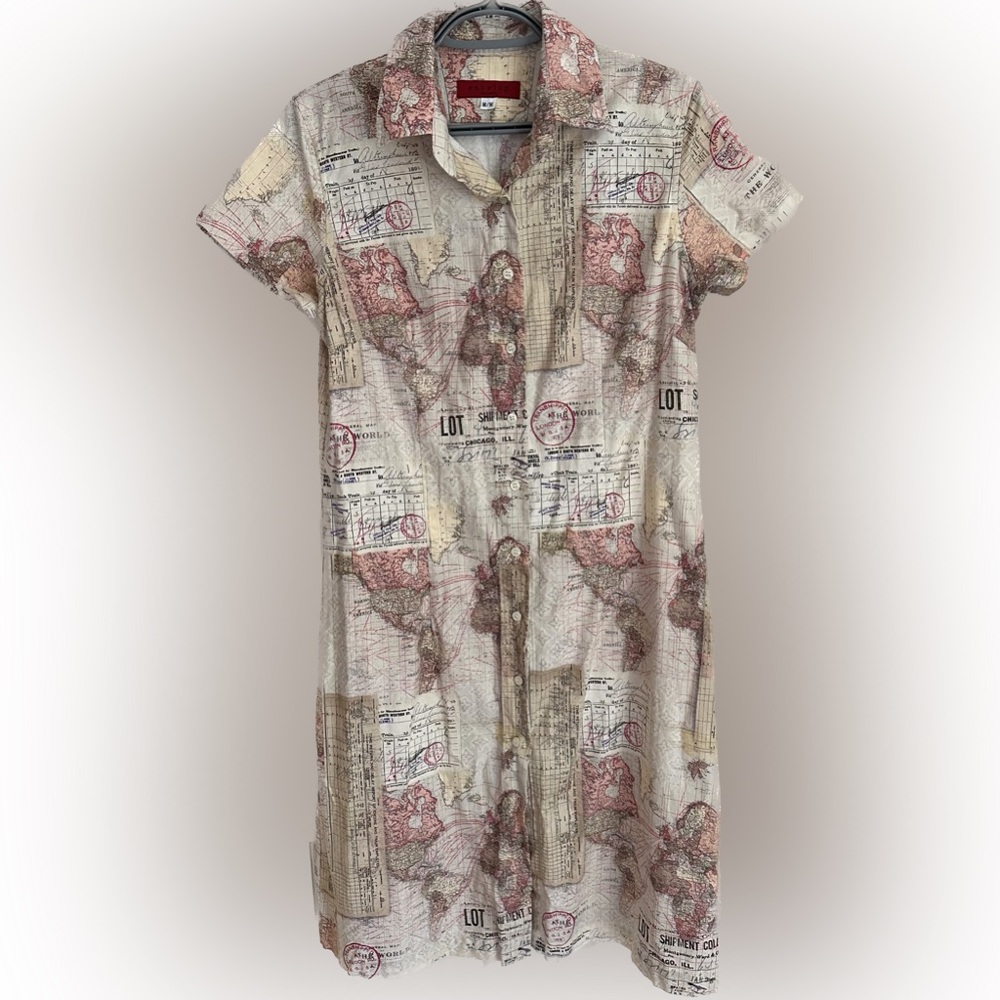 Casual Map-Print Button-Front Shirt Dress in Beige and Pink